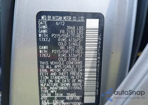 2012 Nissan Juke Sl из США, поврежденный, VIN JN8AF5MR8CT115963